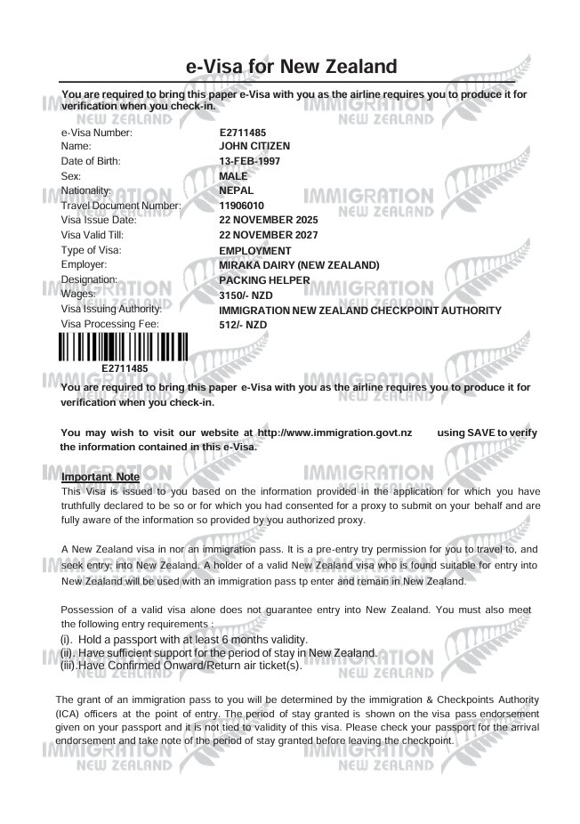 New Zealand e-visa template in Word and PDF formats, version 2