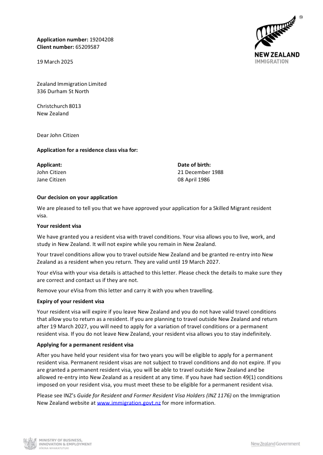 New Zealand visa approval letter template in Word and PDF formats