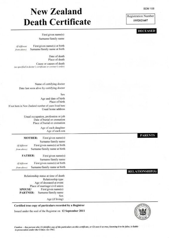 New Zealand Registrar office death certificate template in PSD format