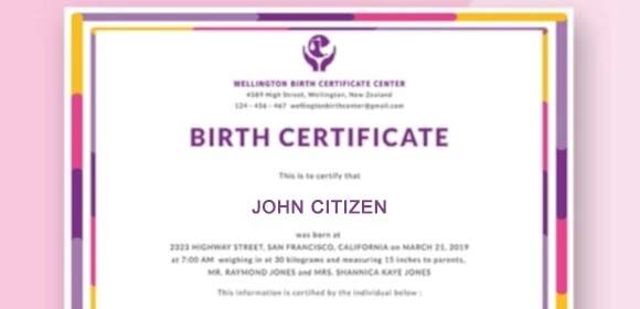 New Zealand Wellington birth certificate center template in PSD format