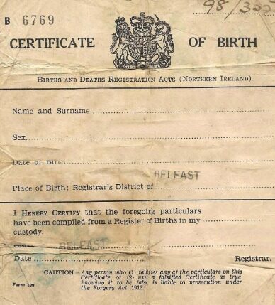 Northern Ireland Registrar of Births and Deaths birth certification template in PSD format
