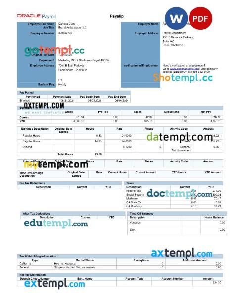 Oracle Payroll Advantage Sales & Marketing LLC payslip template in Word and PDF formats