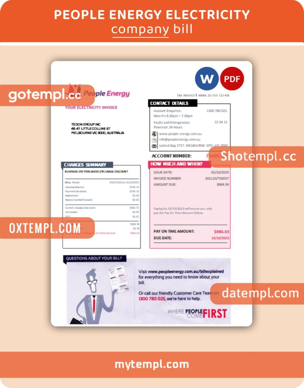 Australia People Energy electricity business utility bill template in Word and PDF format