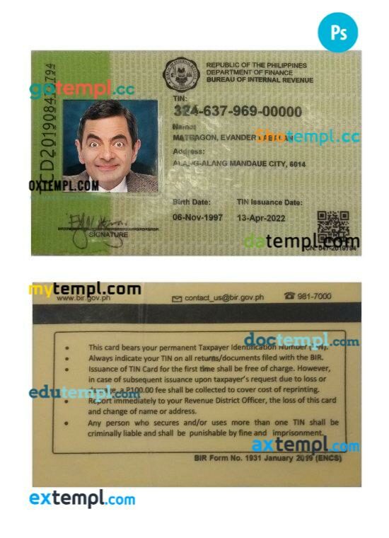 Philippines bureau of internal revenue ID template in PSD format, 2022-present