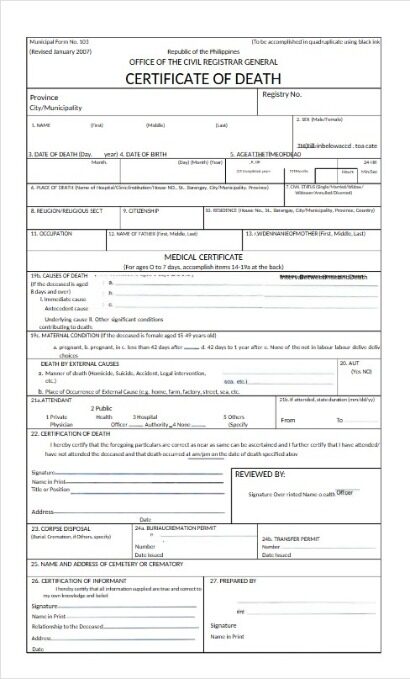 Philippines office of the Civil Registrar general death certificate template in PSD format