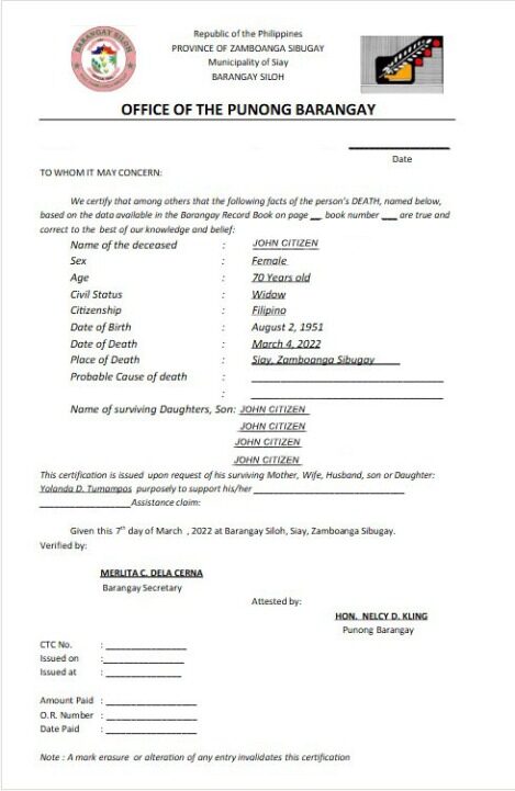 Philippines office of the Punong barangay death certificate template in PSD format