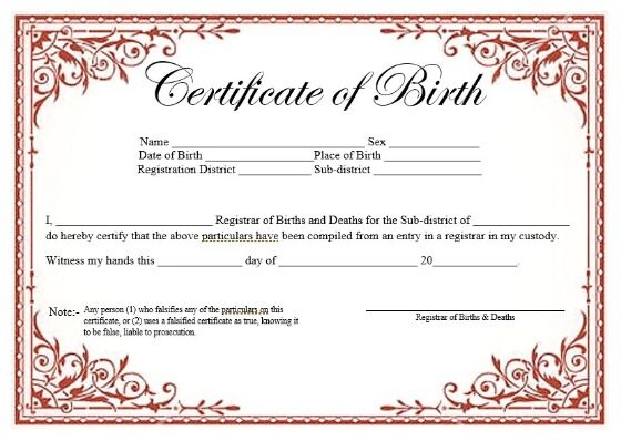 Registrar of Births and Deaths certificate of birth template in PSD format