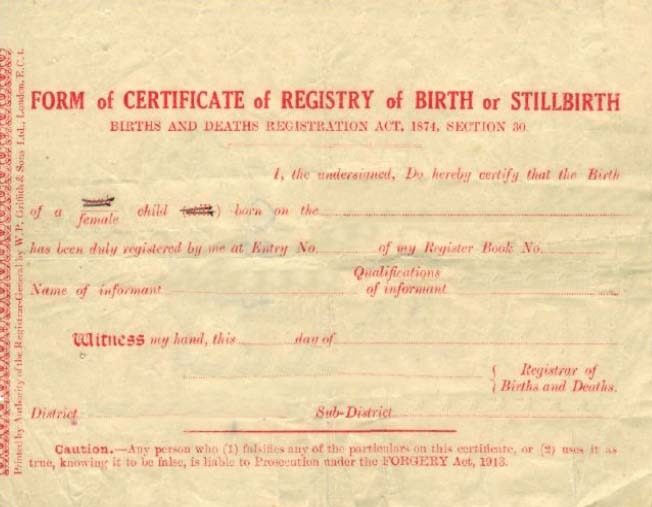 Registrate of Births and Deaths certificate of birth or stillbirth template in PSD format