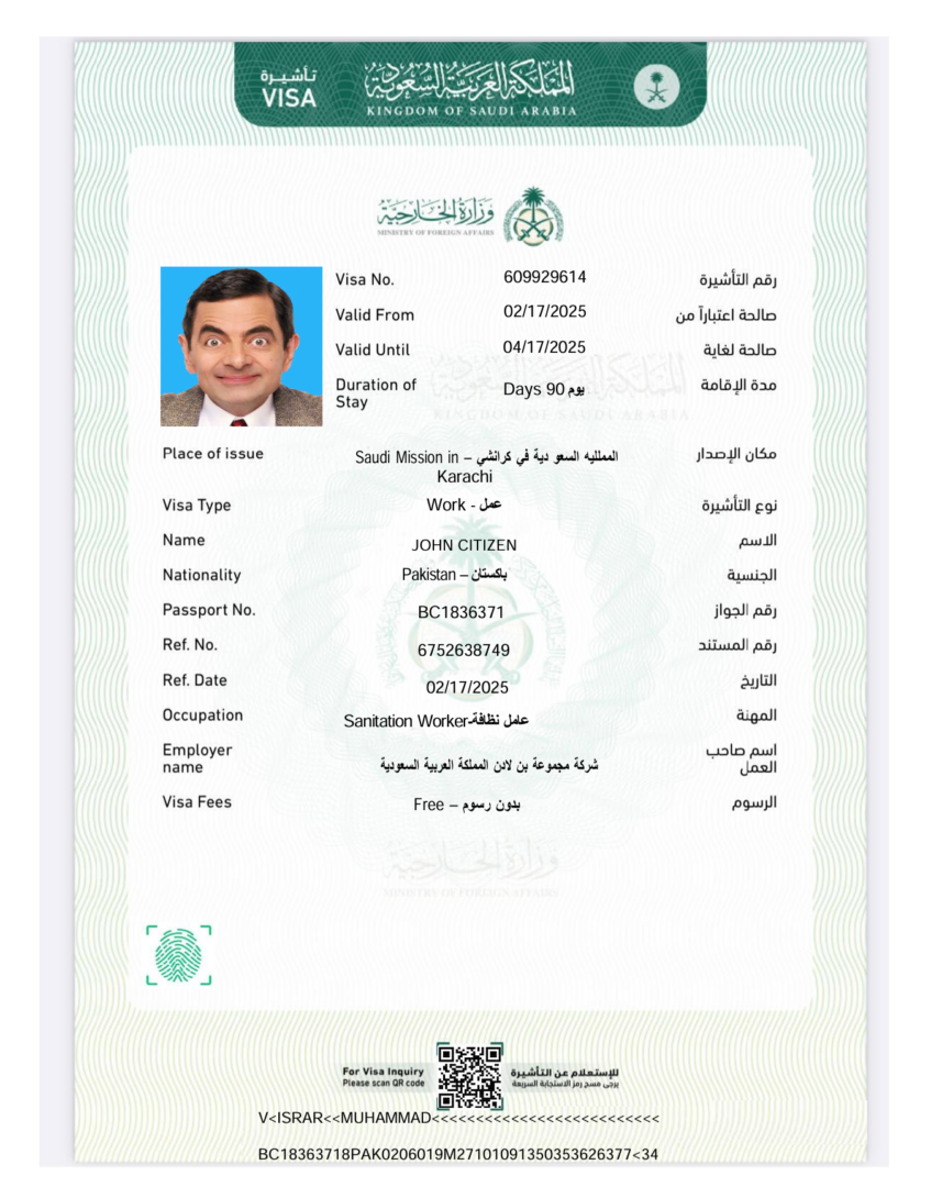 Saudi Arabia e-visa template in Word and PDF formats, version 4