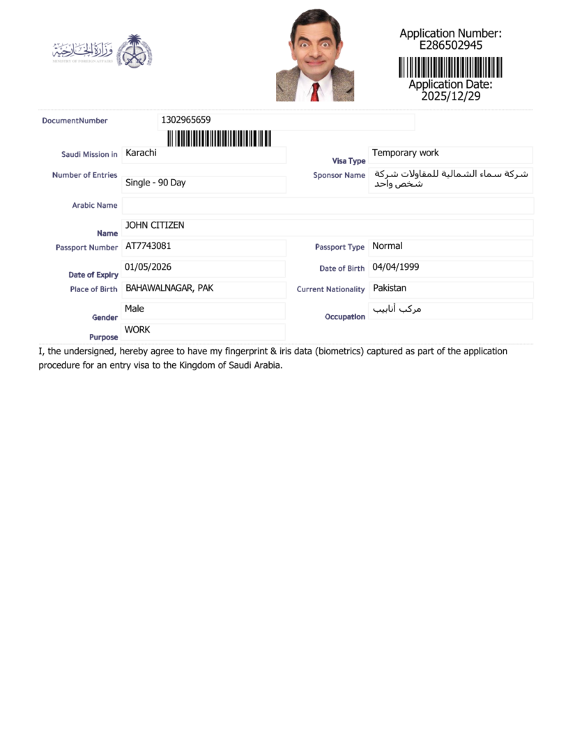 Saudi Arabia e-visa template in Word and PDF formats, version 6