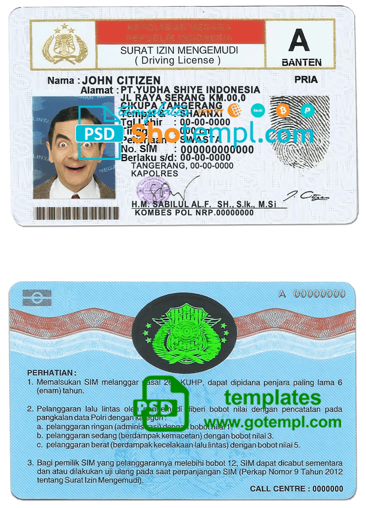 Indonesian driver license download example in PSD format, fully editable