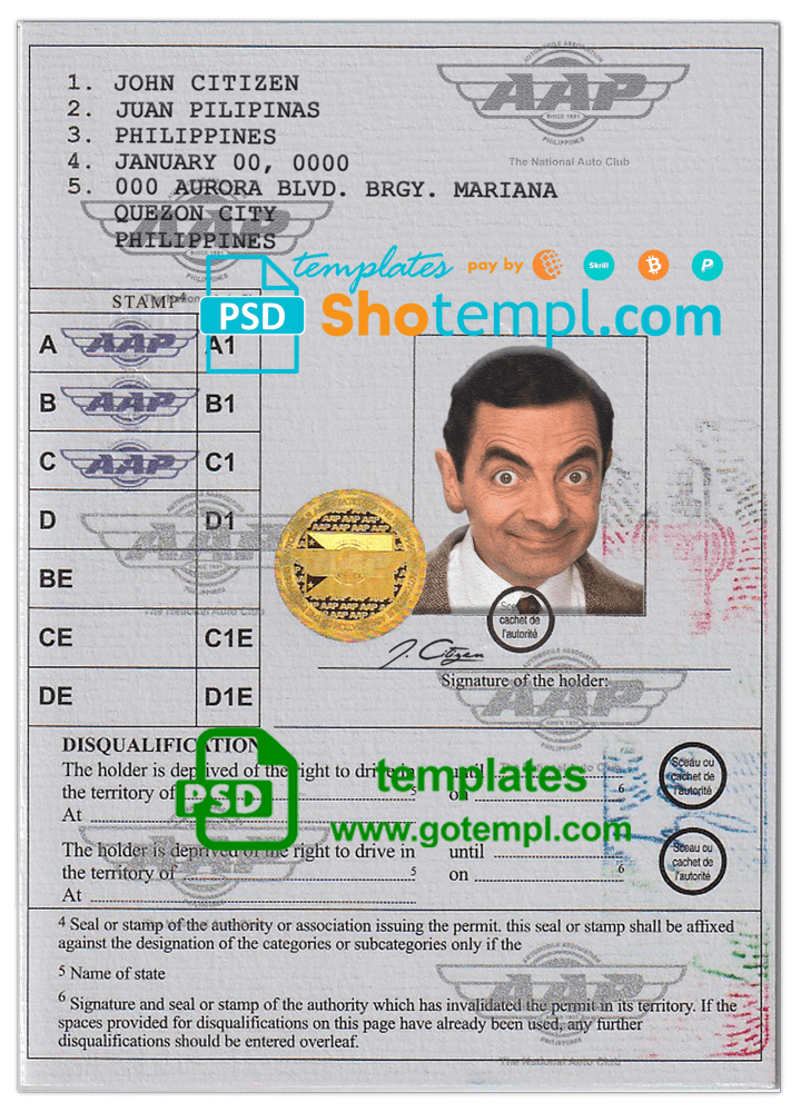 Filipino International driving permit (Vienna Convention format) example in PSD format, fully editable