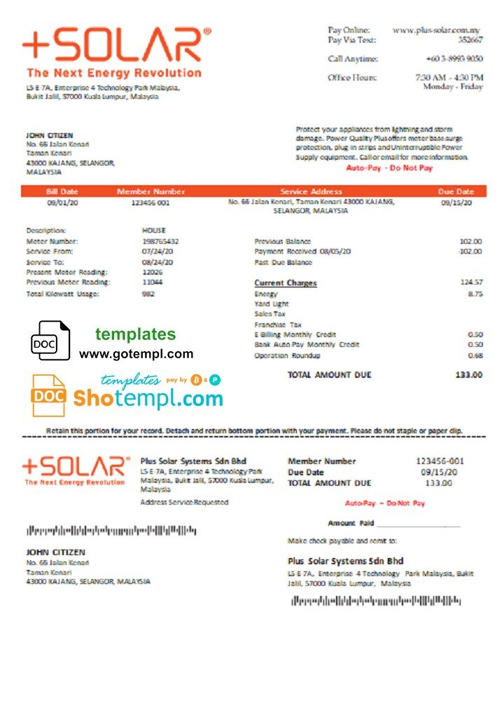 Malaysian Plus Solar Systems Sdn Bhd utility bill download example in Word and PDF format