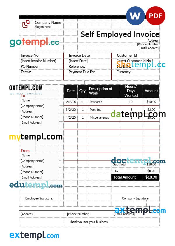 Self Employment Hourly Invoice example in word and pdf format
