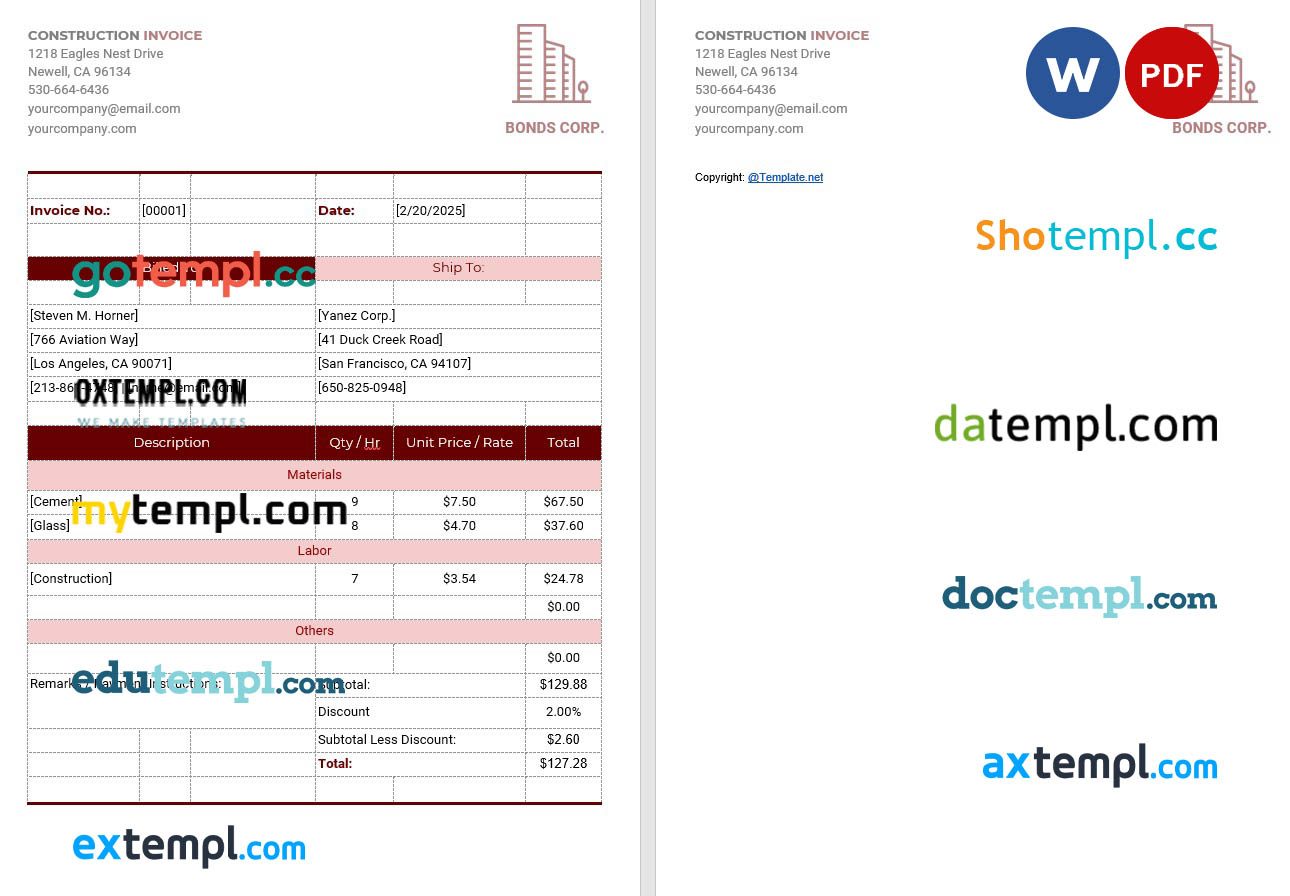 Simple Construction Invoice example in word and pdf format