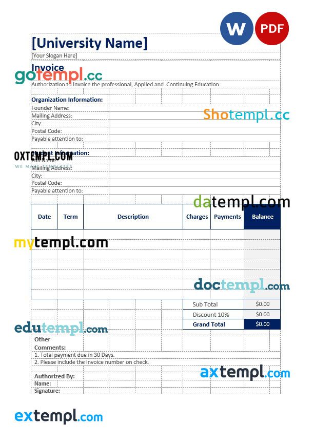 Simple Education Invoice example in word and pdf format