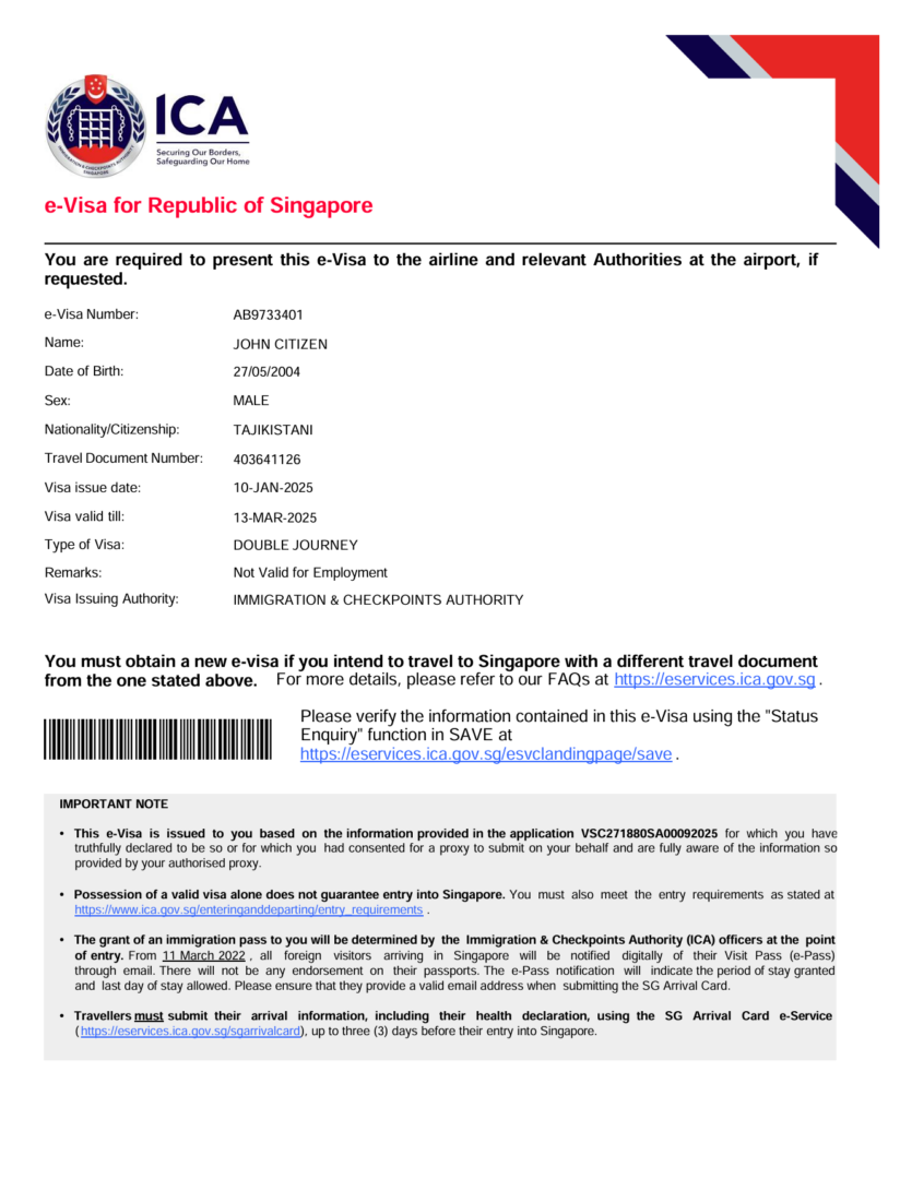 Singapore e-visa template in Word and PDF formats, version 2