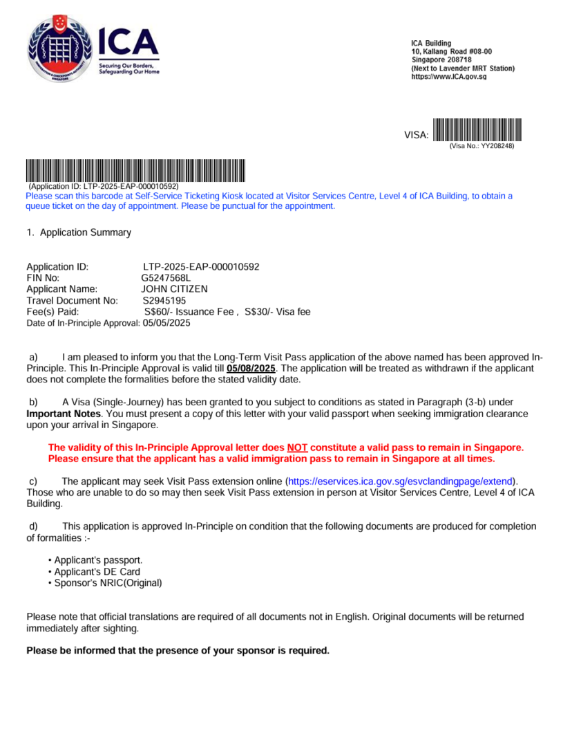 Singapore visa approval letter template in Word and PDF formats