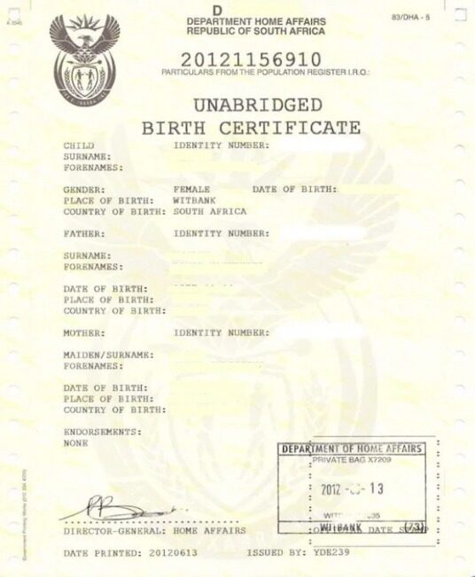 South Africa Department home affairs birth certificate template in PSD format