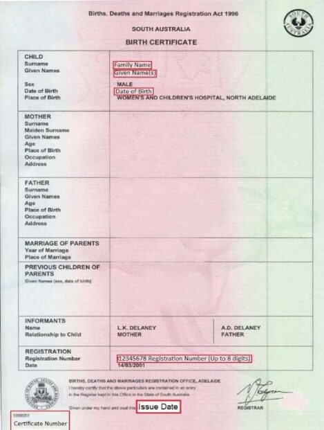 South Australia Births and Deaths Registration office birth certificate template in PSD format