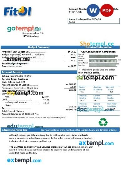 Sweden Fitol gas business utility bill template in Word and PDF formats