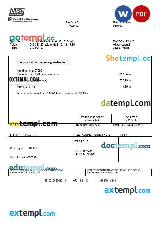 Sweden NVSH Energi business utility bill template in Word and PDF formats