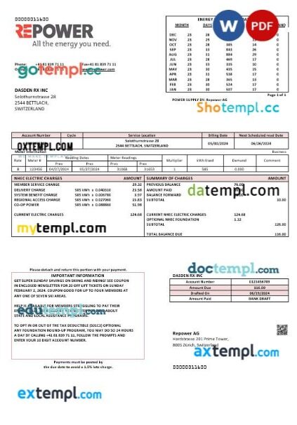 Switzerland Repower AG business utility bill template, fully editable in Word and PDF formats