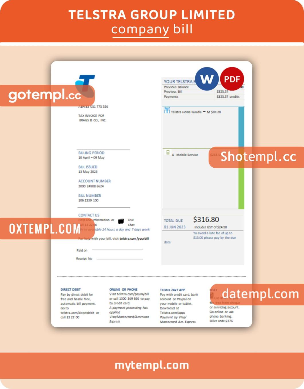 Australia Telstra telecommunications business utility bill template in Word and PDF format