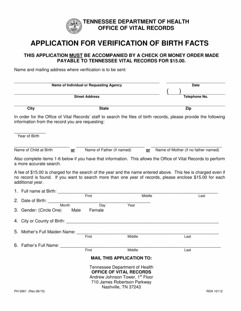 Tennessee Department of Health birth certificate template in PSD format