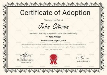 The Willows cove Community certificate of adoption template in PSD format