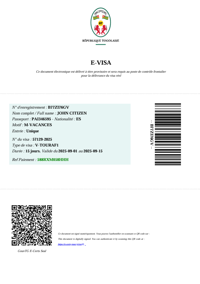 Togo e-visa template in Word and PDF formats