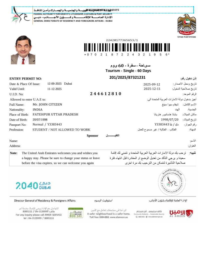 UAE e-visa template in Word and PDF formats, version 3