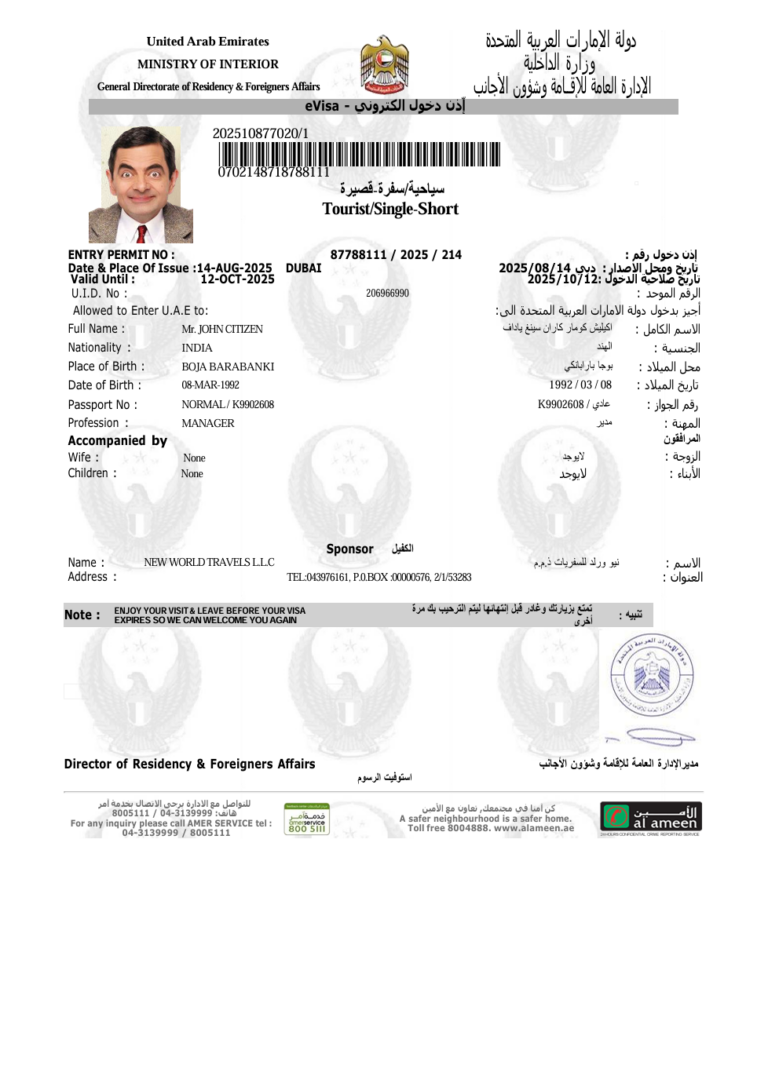 UAE e-visa template in Word and PDF formats, version 9