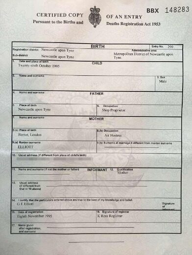 UK district of Newcastle upon Tyne certificate of birth template in PSD format