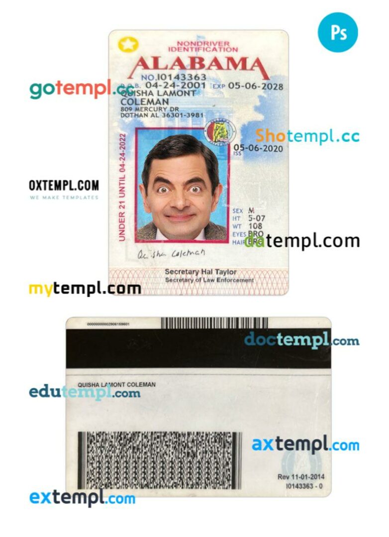 USA Alabama under 21 ID card PSD template