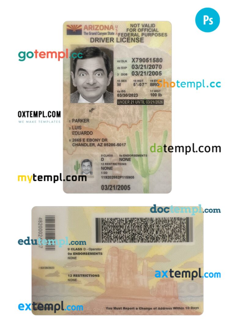 USA Arizona under 21 driving license PSD editable template, 2023-present