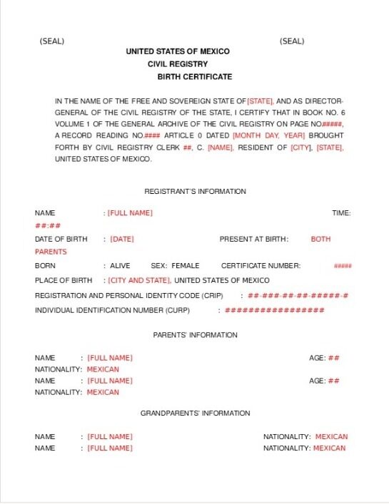 USA Civil registry of Mexico birth certificate template in PSD format