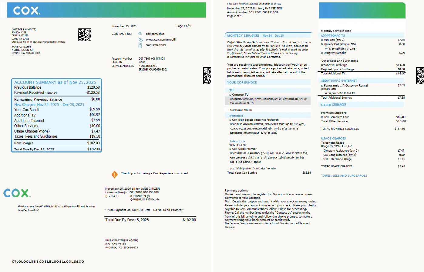 USA Cox utility bill template in Word and PDF formats, 4 pages