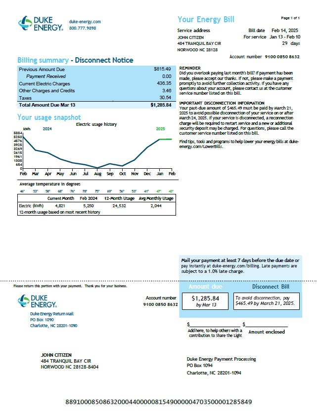 USA Duke Energy utility bill template in Word and PDF formats, version 2