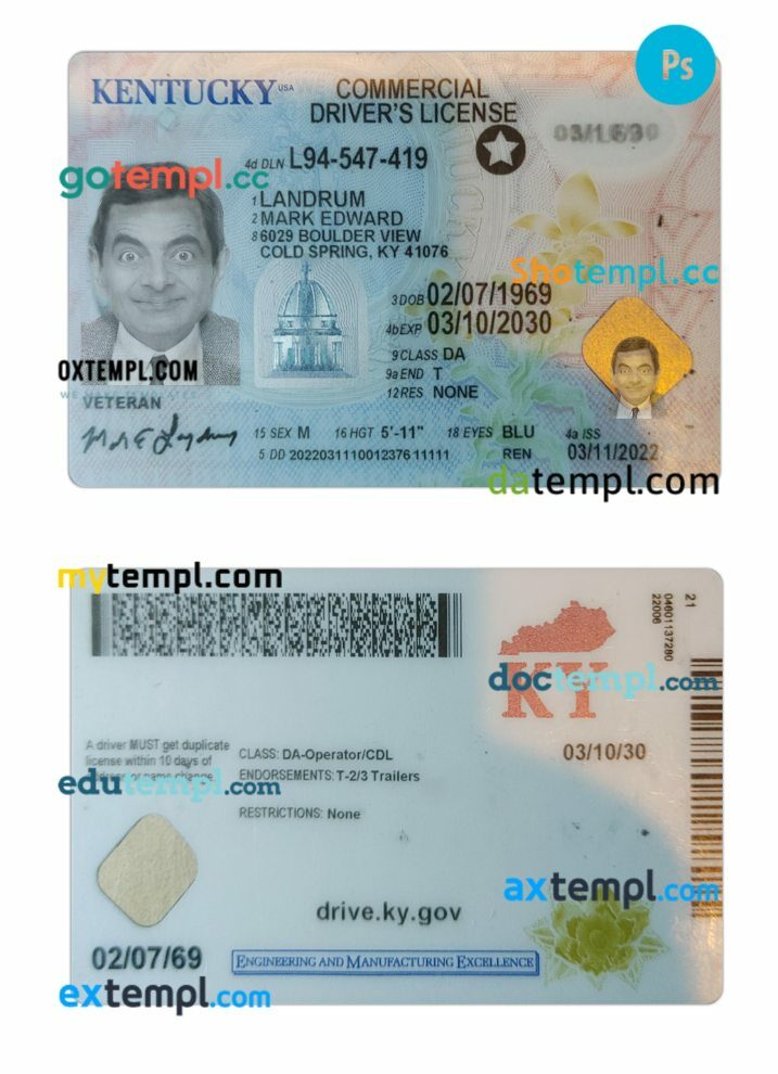 USA Kentucky driving license PSD editable template, 2022-present