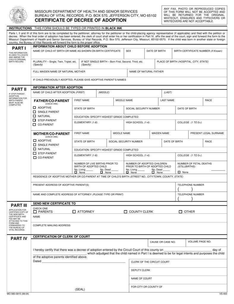 USA Missouri Department of health adoption certificate template in PSD format