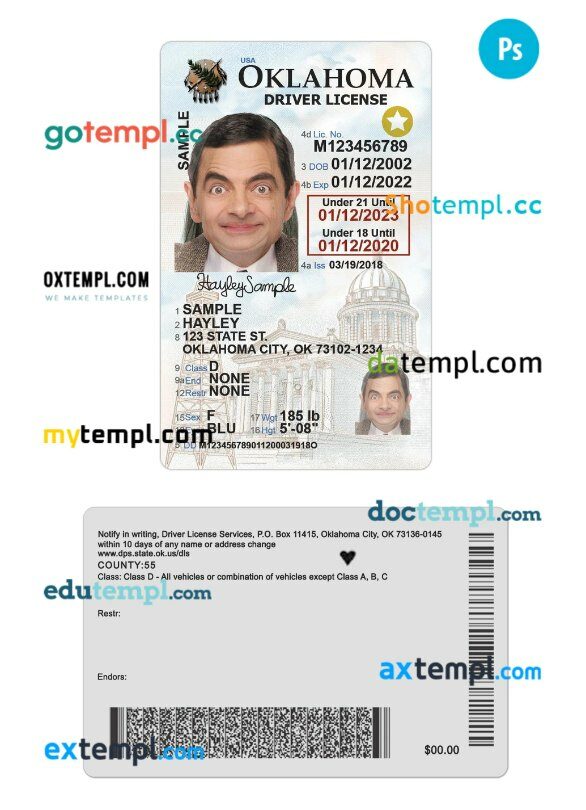 USA Oklahoma under 21 driving license PSD editable template, 2020-present