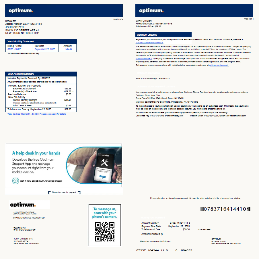 USA Optimum utility bill template in Word and PDF formats, 4 pages, version 2
