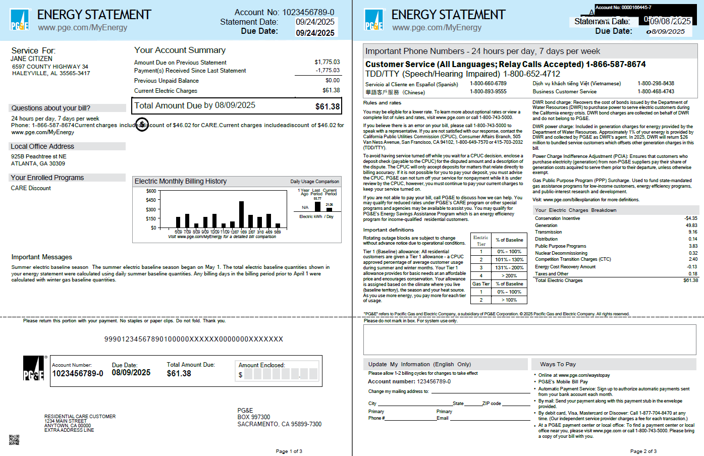 USA PG&E utility bill template in Word and PDF formats, 3 pages