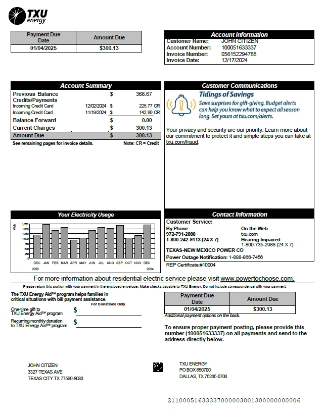 USA TXU Energy utility bill template in Word and PDF formats, version 3