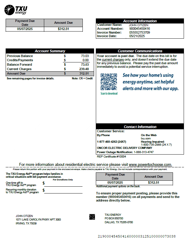 USA TXU Energy utility bill template in Word and PDF formats, version 7