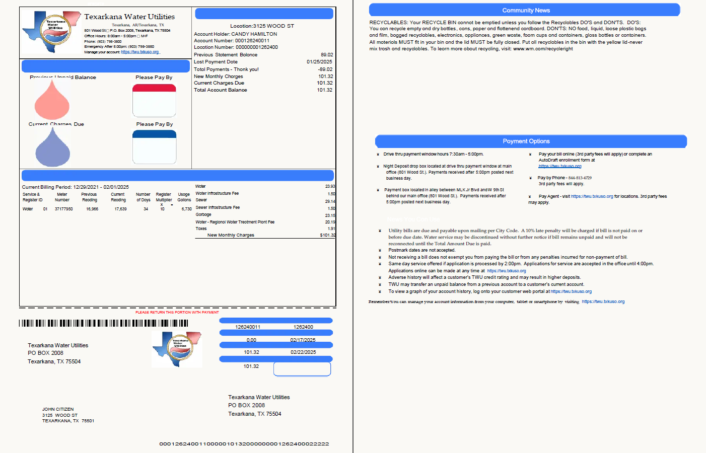 USA Texarkana water utilities utility bill template in Word and PDF formats, 2 pages