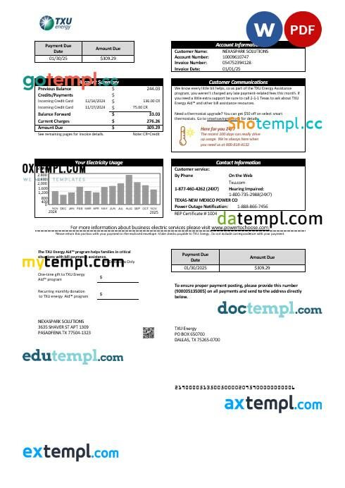 USA Texas TXU Energy business utility bill template in Word and PDF formats
