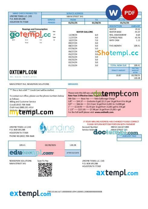 USA Texas Undine water is our element water business utility bill Word and PDF formats