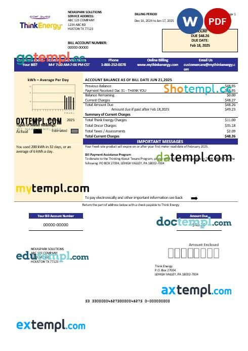 USA Think Energy business utility bill template in Word and PDF formats